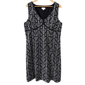 Ann Taylor LOFT Empire Sheath Dress Damask Cotton Black White Size 18 V-neck